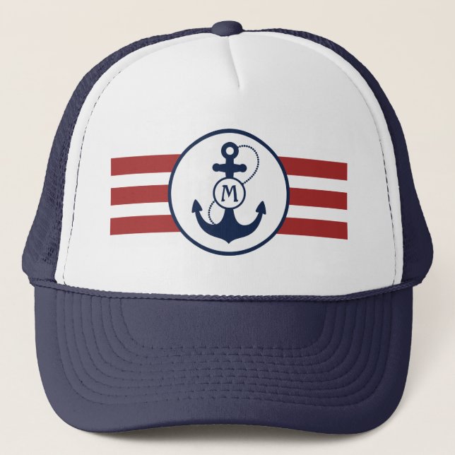 Red Nautical Anchor Monogram Trucker Hat (Front)