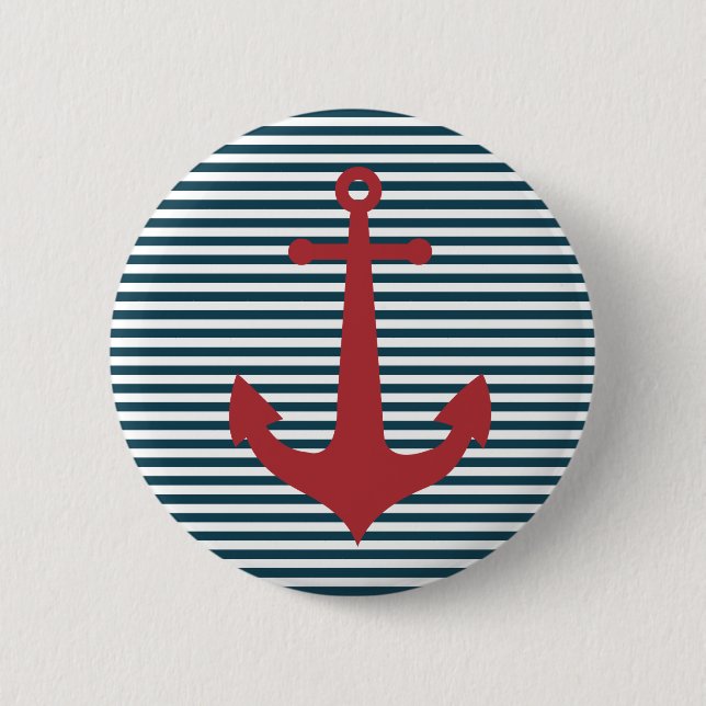 Red nautical anchor on striped blue background 6 cm round badge (Front)