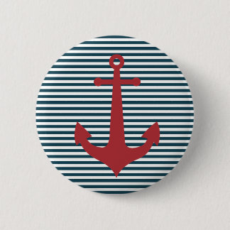Red nautical anchor on striped blue background 6 cm round badge