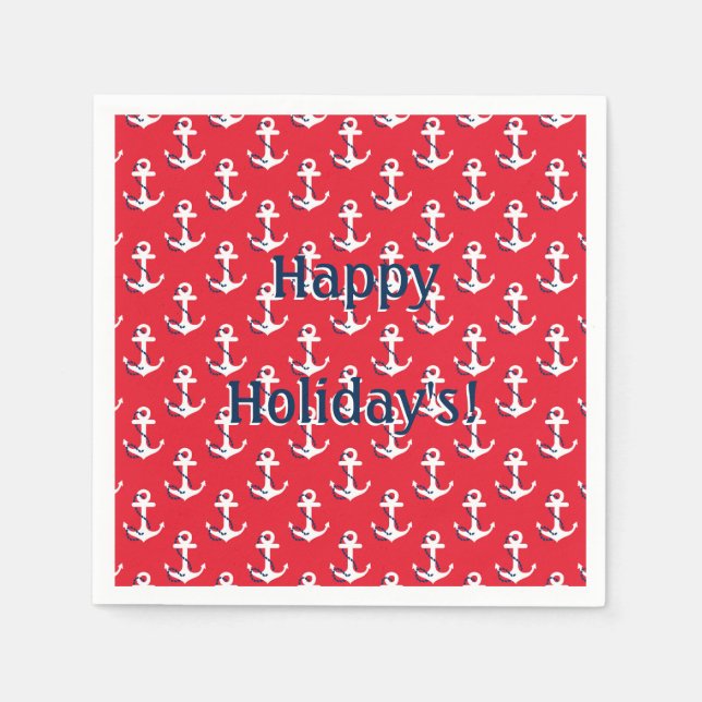 Red Nautical Anchors Customisable Holiday Message Napkin (Front)