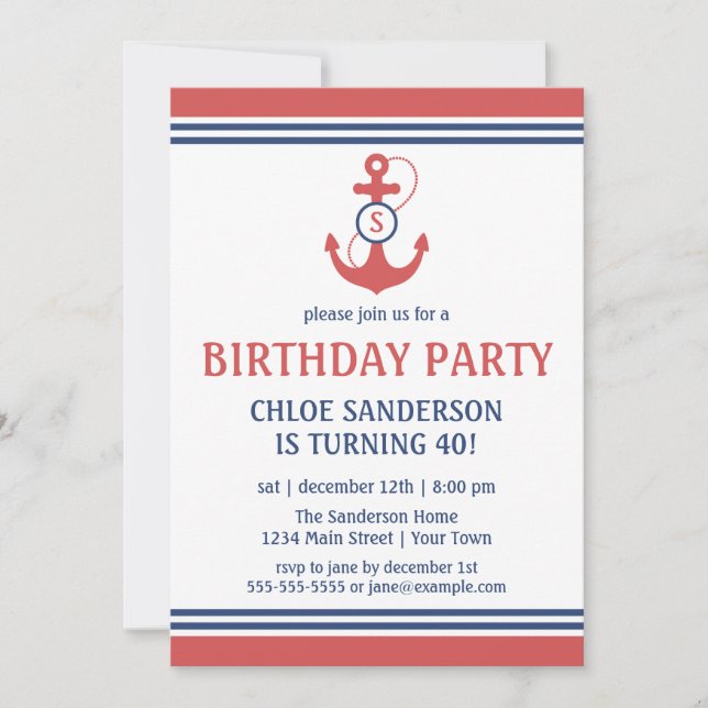 Red Nautical Birthday Party Invitationswith Anchor Invitation (Front)