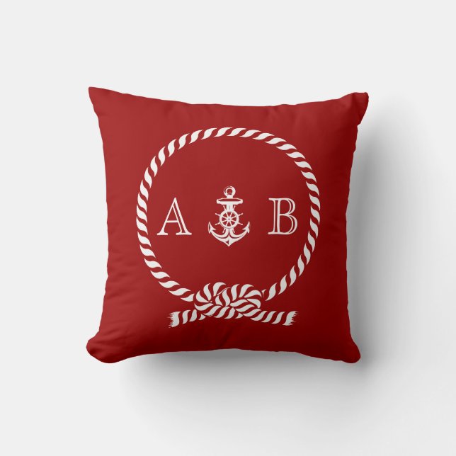 Red Nautical Rope and Anchor Monogram Cushion (Front)