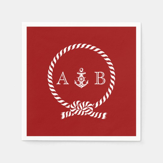Red Nautical Rope and Anchor Monogrammed Napkin (Front)