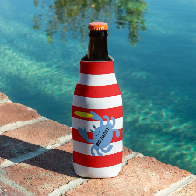 Red Nautical Stripe Frisbee Crab Personalised Bottle Cooler (In Situ Pool)