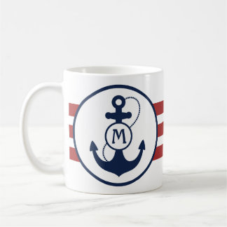 Red Nautical Stripes with Anchor and Monogram Coffee Mug