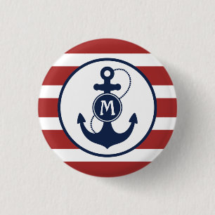 Red Nautical Stripes with Anchor Monogram 3 Cm Round Badge