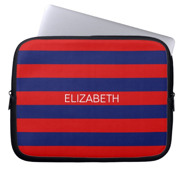 Red Navy 5c Horizontal Preppy Stripe Name Monogram Laptop Sleeve (Front)