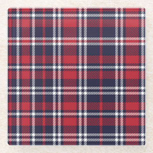 Red Navy Asymmetric Plaid Texture Glass Coaster