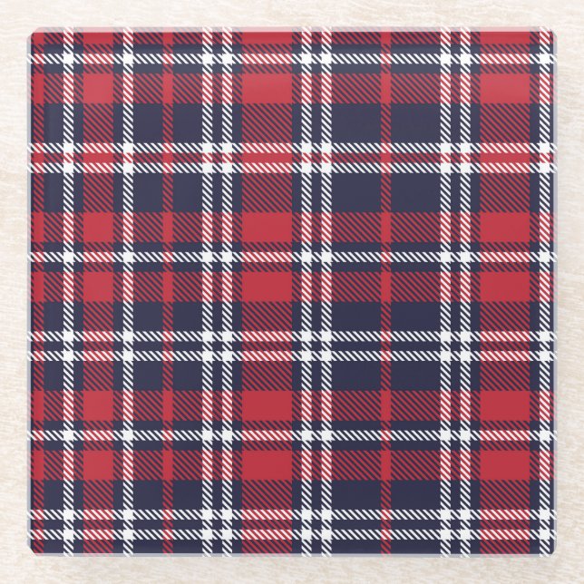 Red Navy Asymmetric Plaid Texture Glass Coaster (Front)