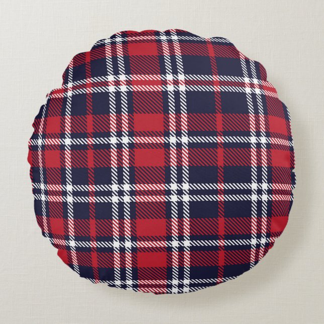 Red Navy Asymmetric Plaid Texture Round Cushion (Front)