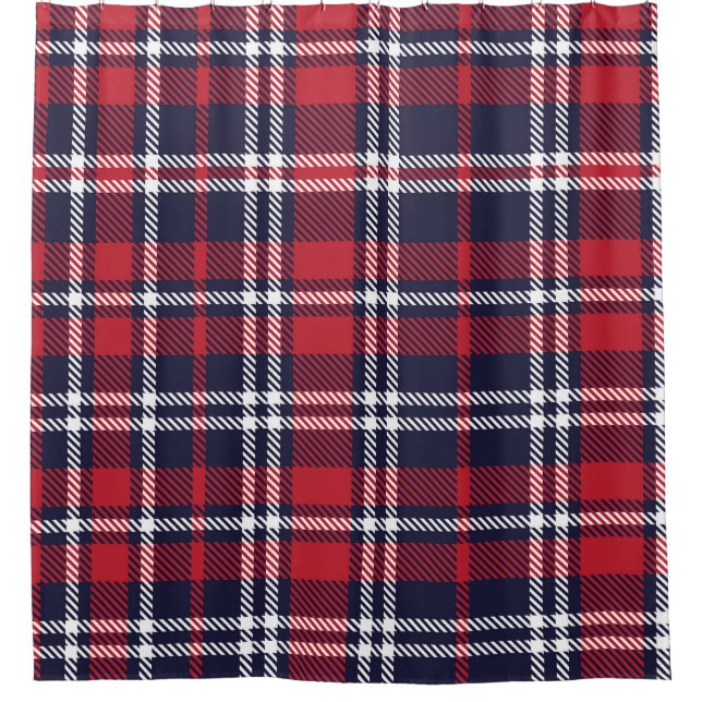Red Navy Asymmetric Plaid Texture Shower Curtain (Front)