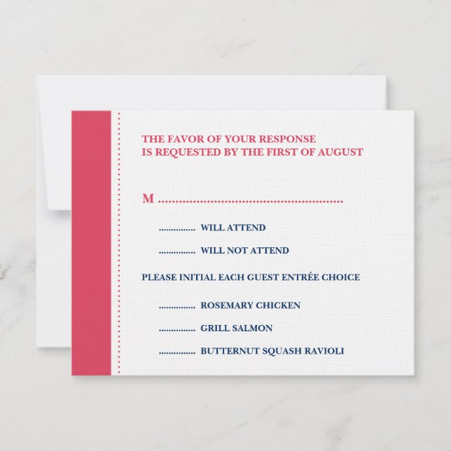 Red navy beaded border wedding RSVP response card (Front)