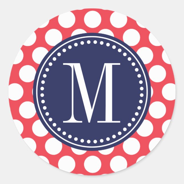 Red & Navy| Big Polka Dots Monogrammed Classic Round Sticker (Front)
