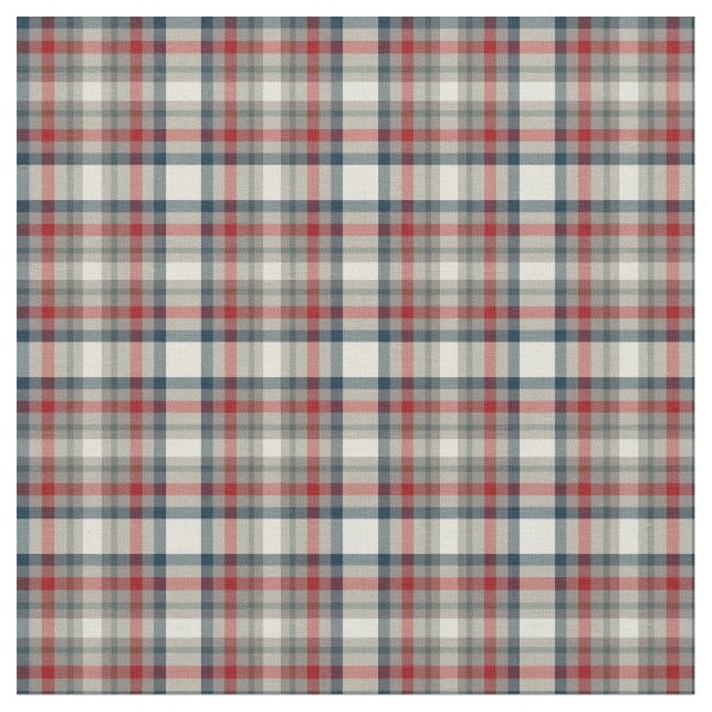 Red, Navy Blue, and Grey Plaid Fabric (Close Up)