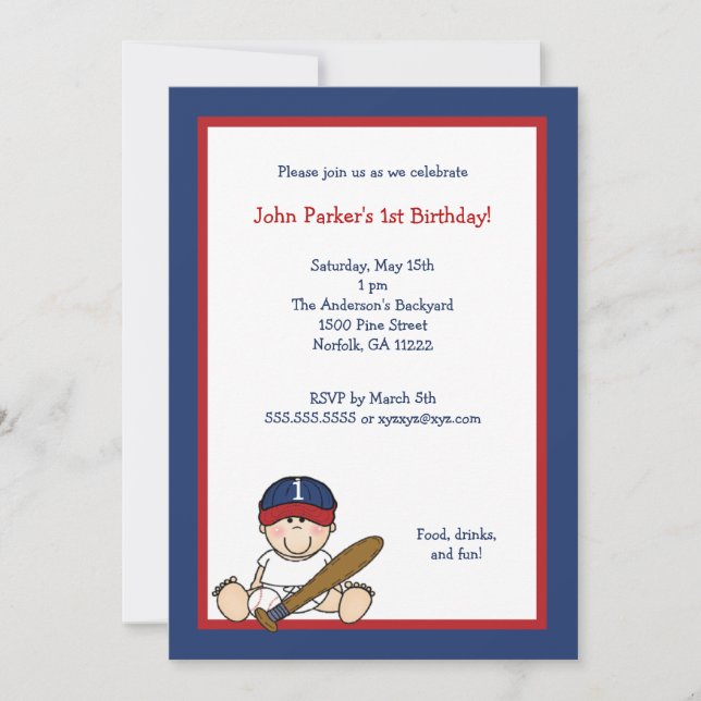 Red Navy Blue  Baseball 1st Birthday Party Invite (Front)