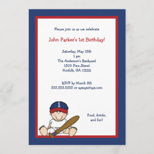 Red Navy Blue  Baseball 1st Birthday Party Invite