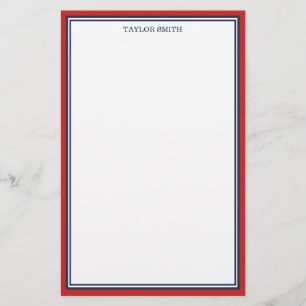 Red & Navy Blue Borders Add Your Name Stationery