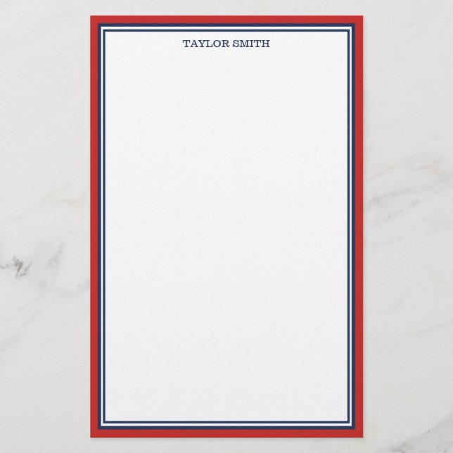 Red & Navy Blue Borders Add Your Name Stationery (Front)