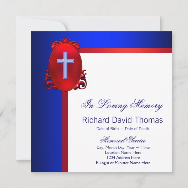 Red Navy Blue Cross In Loving Memory Memorial Invitation (Front)