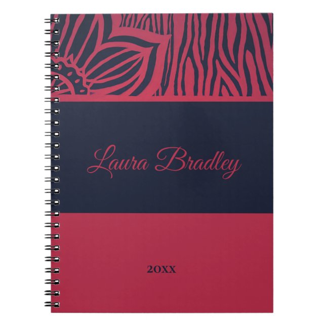 Red & Navy Blue Floral Zebra Linocut Name & Year Notebook (Front)