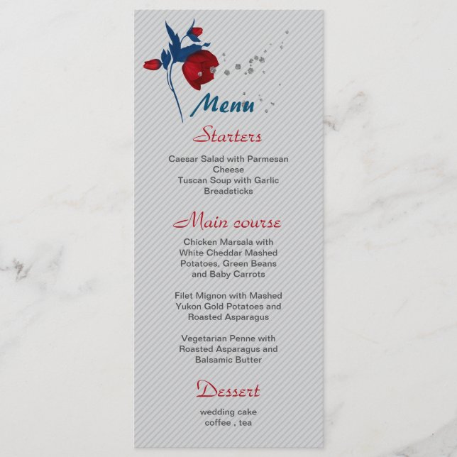 red & navy blue flowers botanical wedding menu (Front)