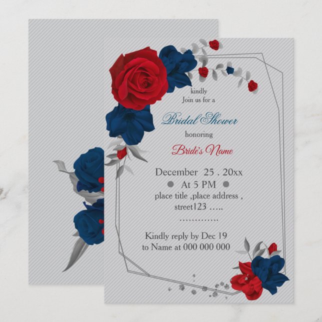 red & navy blue flowers geometric bridal shower invitation (Front/Back)