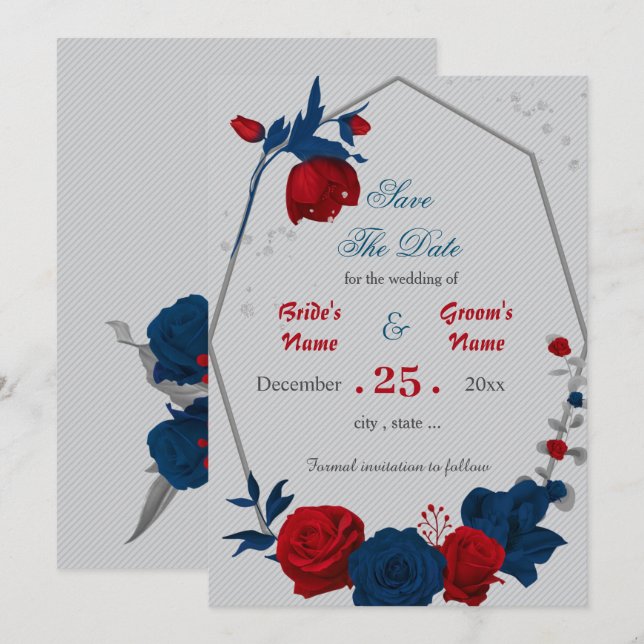 red & navy blue flowers geometric save the date invitation (Front/Back)