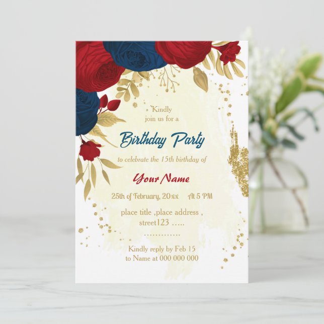 red & navy blue flowers gold leaves birthday invit invitation (Standing Front)