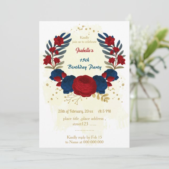 red & navy blue flowers gold leaves birthday invitation (Standing Front)