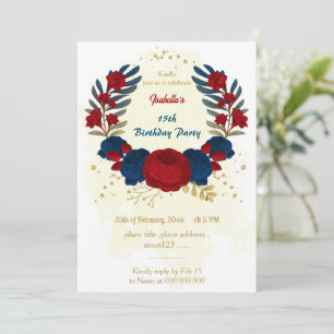 red & navy blue flowers gold leaves birthday invitation