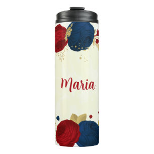 red & navy blue flowers gold leaves  thermal tumbler