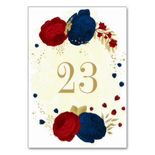 red & navy blue flowers gold leaves wedding table number