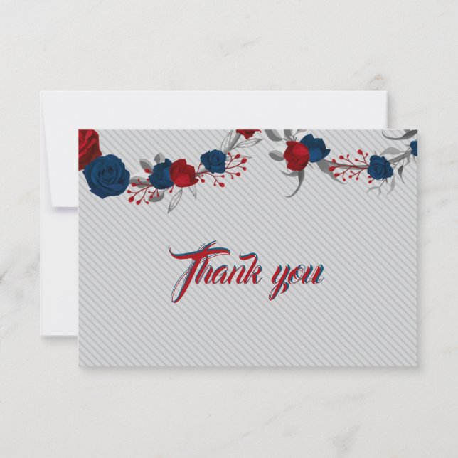 red & navy blue flowers grey leaves thank you card (Front)