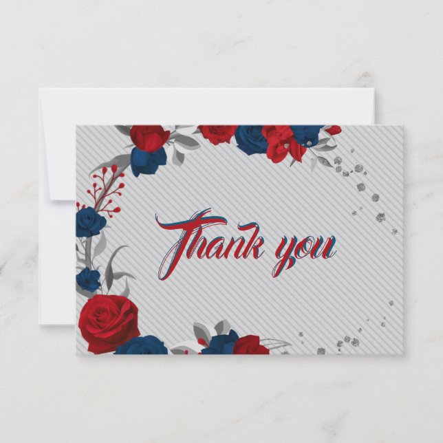 red & navy blue flowers grey leaves thank you card (Front)