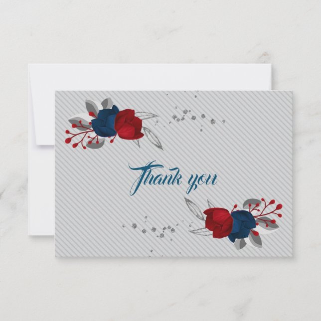 red & navy blue flowers grey leaves thank you card (Front)