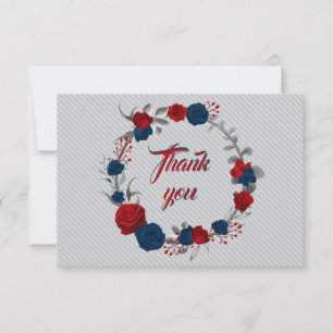 red & navy blue flowers grey leaves wreath thank you card