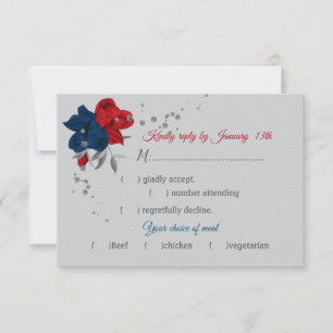 red & navy blue flowers meal choice botanical grey RSVP card