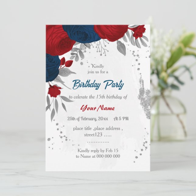 red & navy blue flowers silver birthday party  invitation (Standing Front)