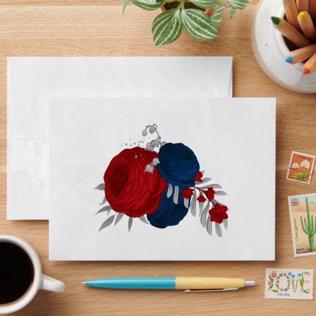 red & navy blue flowers silver botanical  envelope (Desk)