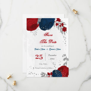 red & navy blue flowers silver botanical save the date