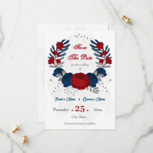 red & navy blue flowers silver botanical save the date