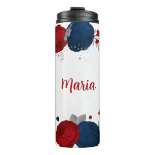 red & navy blue flowers silver botanical thermal tumbler