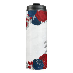red & navy blue flowers silver botanical thermal tumbler