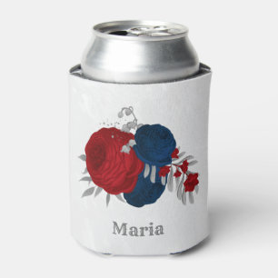 red & navy blue flowers silver botanical wedding can cooler