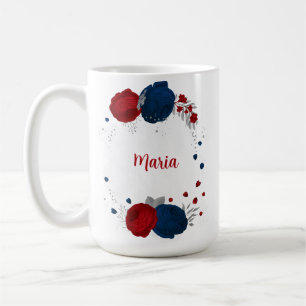 red & navy blue flowers silver botanical wedding coffee mug