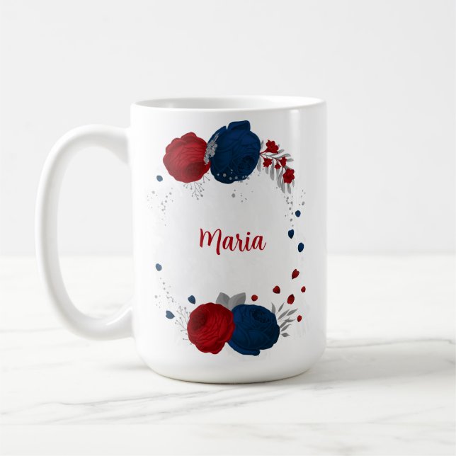 red & navy blue flowers silver botanical wedding coffee mug (Left)