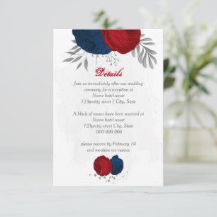 red & navy blue flowers silver botanical wedding enclosure card