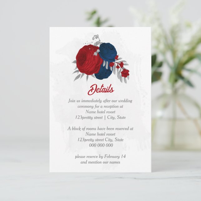 red & navy blue flowers silver botanical wedding enclosure card (Standing Front)