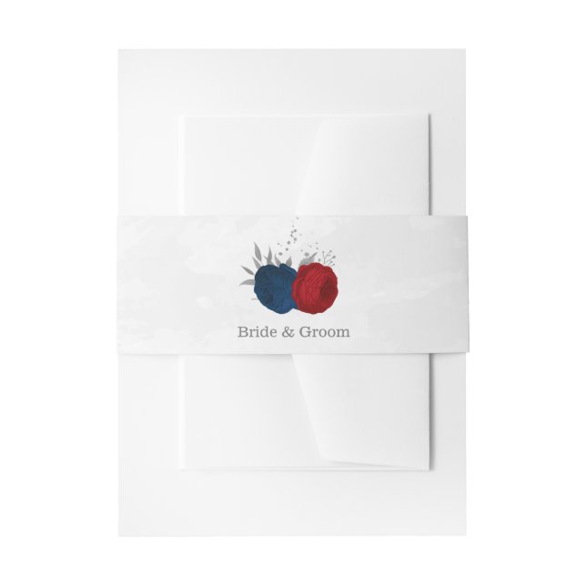 red & navy blue flowers silver botanical wedding invitation belly band (Front Example)