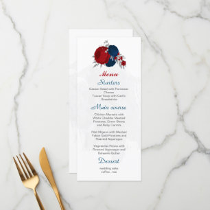 red & navy blue flowers silver botanical wedding menu
